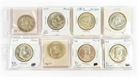 Coin 8 Mixed Dates Franklin Half Dollars, XF-BU