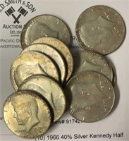 (10) 1966 40% Silver Kennedy Half Dollars