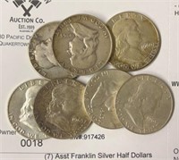 (7) Asst Franklin Silver Half Dollars