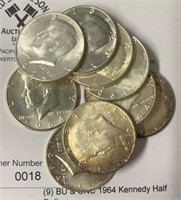 (9) BU & UNC 1964 Kennedy Half Dollars