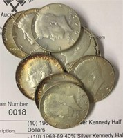 (10) 1968-69 40% Silver Kennedy Half Dollars
