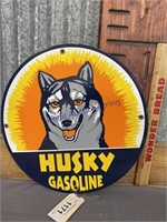 HUSKY GASOLINE PORCELAIN ENAMEL SIGN, 11.75"