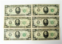 Coin Currency 6 $20 FRN,1934,1934-D,1934-C (4)