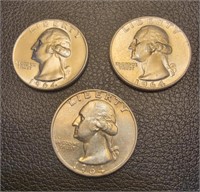 (3) 1964D Silver quarters, uncirculated.