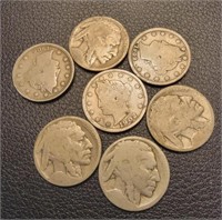 (7) Mixed lot of "V" and Buffalo nickels