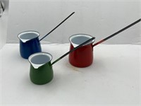 Vintage Red green blue enamel dippers ladles