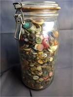 ANTIQUE GLASS JAR FULL OF VINTAGE ASSORTED BUTTONS