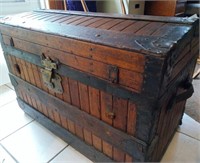 ANTIQUE WOODEN TREASURE CHEST WITH LEATHER HANDLES