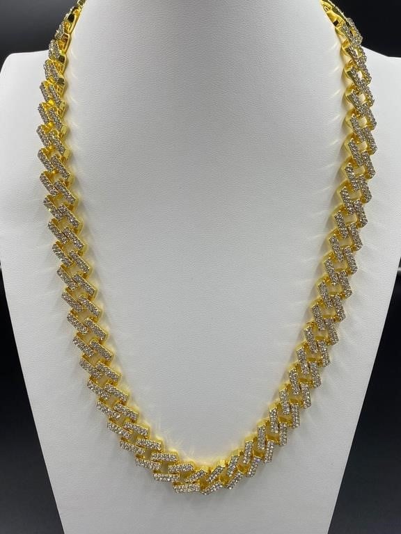 Yellow Gold & White Sapphire Cuban Link Necklace