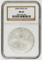 Coin 2005 Silver Eagle, NGC- MS69