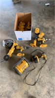 6 DeWalt tools, including drills grinder, radio