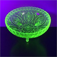 URANIUM GLASS PATTERNED FOOTED BOWL
