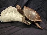 Conch shell and Exotic hardwood carved turtle