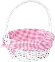 White Round Willow Gift Basket, with Pink Gingham