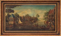 Dutch Old Master Signed Canal Scene Oil on Canvas