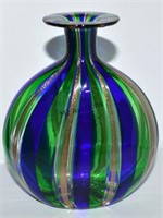 Murano Italy Green Gold Vase With Paper Label