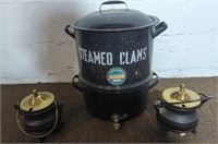 LARGE STEAMER POT AND CAST IRON CAULDRONS