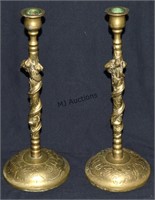 Pr. Tall Antique China Brass Dragon Candlesticks