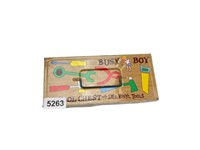 Vintage Busy Boy tin toy tool box with tools