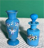Two Pieces Enameled Blue Milkglass Vase