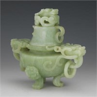 Chinese Carved Celadon Jade Dragon Lidded Censer