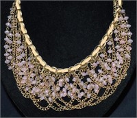 Vintage Pink Bead Gilt Metal Bib Style Necklace