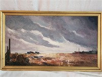 Unsigned oil on board.  11.75" H. Fishing boats