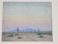 Framed Worden Bethelli watercolor desert scene.