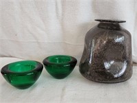 3 MCM crackle glass  pinched vase and 2