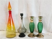 Mid Century Modern decanters and candlesticks.