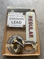 MISC. GAS PUMP PARTS AND GLASS SIGN