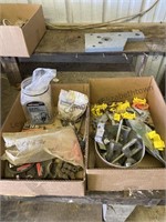 Two boxes of various items, electric fence,