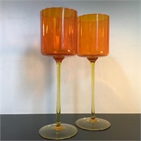 PAIR EMPOLI ART GLASS VASES / CANDLEHOLDERS