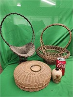 3 vintage basket and stoneware advertising
