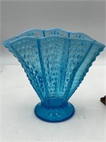 Fenton Blue Opalescent Hobnail Scalloped Fan Vase