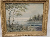 Lake, trees, boat and sailboats in backgound Oil