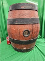 Antique wood powder keg.  19.5" tall.  Heavy metal