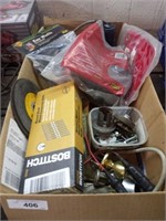 BOX OF ASSORTED PARTS, NAILS, EAR MUFFS