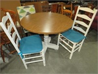 ROUND WOOD TOP TABLE WITH 2 LADDER BACK CHAIRS