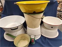 Enamelware: 2 buckets, and pans.  Various ages,