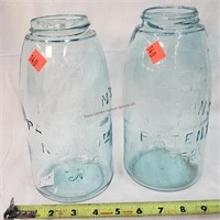 2- Antique Blue Mason's Jars- 8¼" & 8½"t