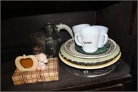 LOT OF MISC KITCHEN COFFEE CUPS, PLATES, TABLE DEC