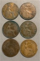 (6) 1800's-1900's One Penny Coins-Loose