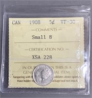 Canada 1908 5 Cent Small 8 VF-30 Graded