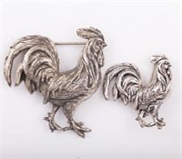 (2) STERLING ROOSTER BROOCHES