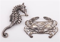 (2) DESIGNER STERLING CRAB  & SEAHORSE BROOCHES