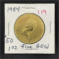1984 Fine Gold Canadian Maple Leaf  $50 1oz Coin