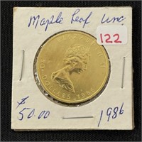 1986 Fine Gold Canadian Maple Leaf  $50 1oz Coin