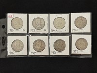 8 Ben Franklin Silver Half Dollars