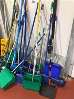Assorted Brooms, Dust Pans Squeegees
